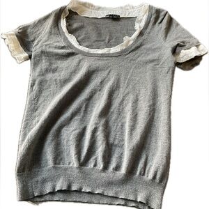 THEORY Wool Scoop Neck with White Ruffle neckline and cuffs .